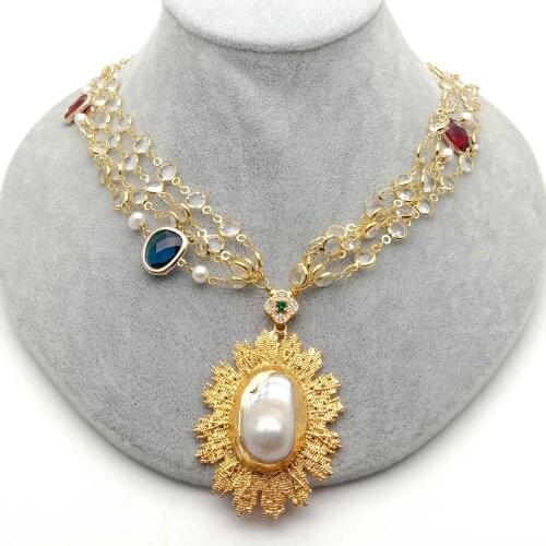 23'' 4 Strands white Crystal pave Gold Color Chain Necklace Nucleated Flameball Baroque Pearl Pendant necklace for women party