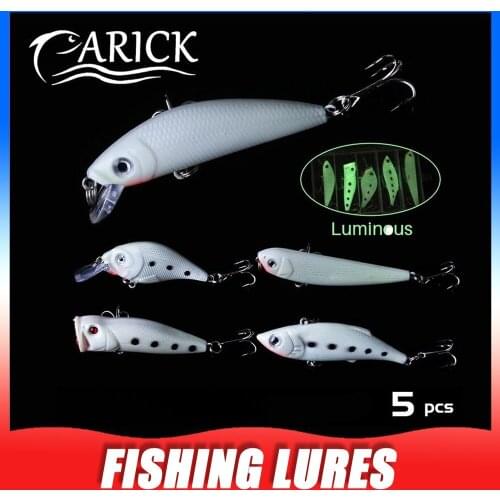 5pcs/Box Fishing Lures Luminous Minnow Popper Rap Crank Lure Rattling High Quality Hard Bait Crankbait Wobbler Fishing Tackle