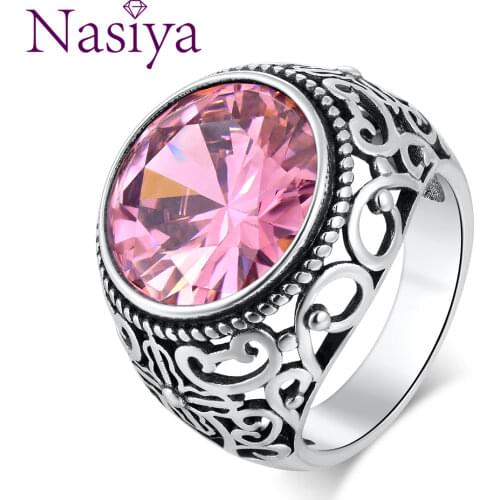 Big Vintage Silver Pink Stone Ring Engagement Ring for Women Wedding Bands Fashion Jewelry Valentines Day Gift