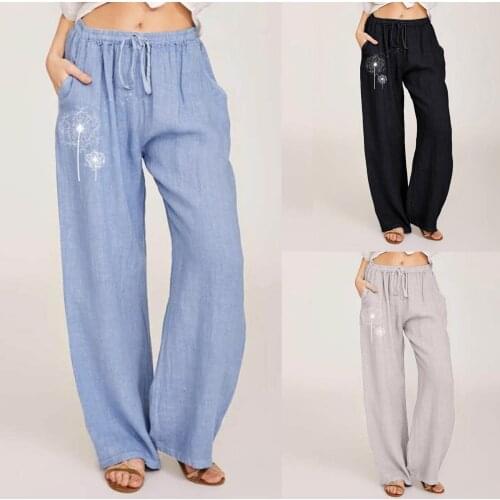 Casual Women Pants Floral Printing Cotton Linen Drawstring Elastic Waist Long Wide Leg Pants Daily Elegant High Quality Pants