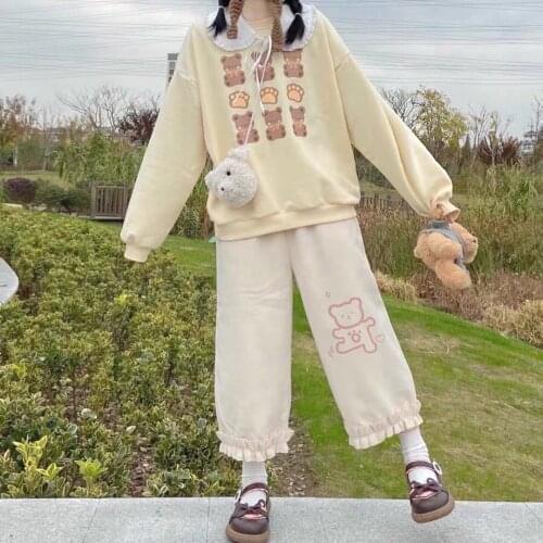 Womens Pants Japanese Soft Girl Bloomers Female Cute Bear Lace Casual Straight Student y2k korean fashion Loose Wide Leg Pants