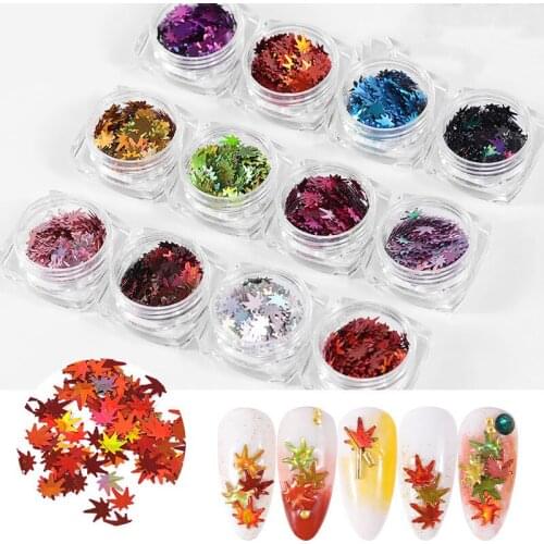 12 Grid Laser Autumn Maple Leaf Nail Art Sequins Decor Holographic Chameleon Glitter Flakes UV Gel Polish Tool