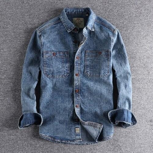 2021 British mens denim shirt double bag fashion loose casual thin coat Long Sleeve outerwear boy clothes 335