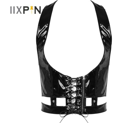 Mens Lingerie Sexy Latex Vest Gothic Patent Leather Steampunk Lace-Up Front Harness Belt Adjustable Buckle Back Tops Clubwear
