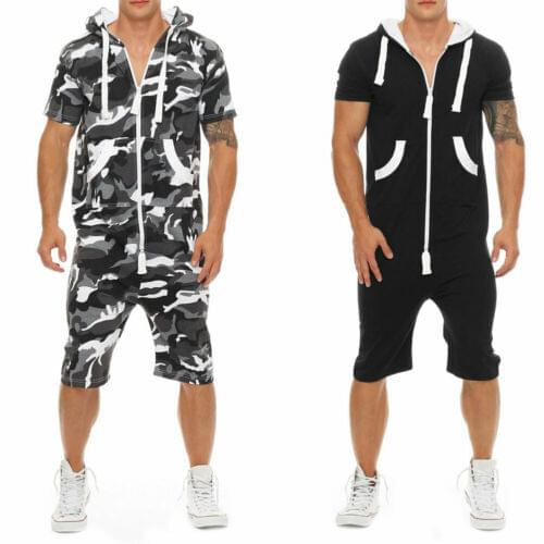 Men 2021 Summer Cool Men Jumpsuit Color Block/Camouflage Short-Sleeved Hoodie Jumpsuit Summer Front Zipper Loose Jumpsuit