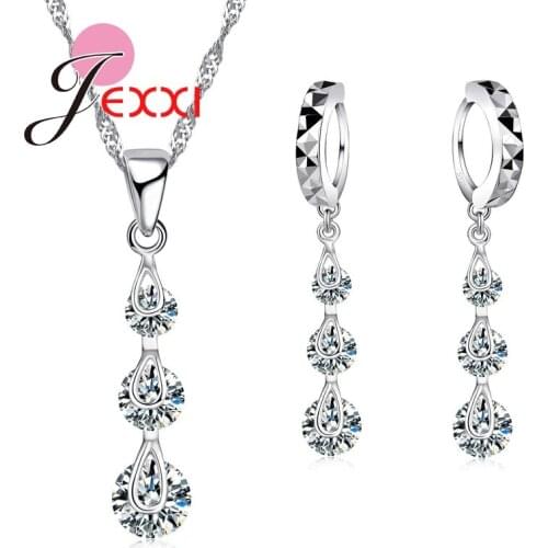 Women Bridal Wedding Jewelry Sets Classic Shiny Crystal Pendant Necklaces Earrings Sets 925 Sterling Silver bijoux