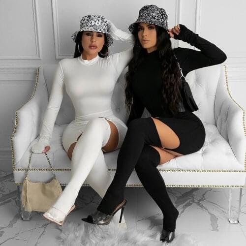 OMSJ Sexy Night Dress With Stockings Design 2020 Autumn New Women Fashion Stand Collar Long Sleeve Skinny Mini Dress Black White