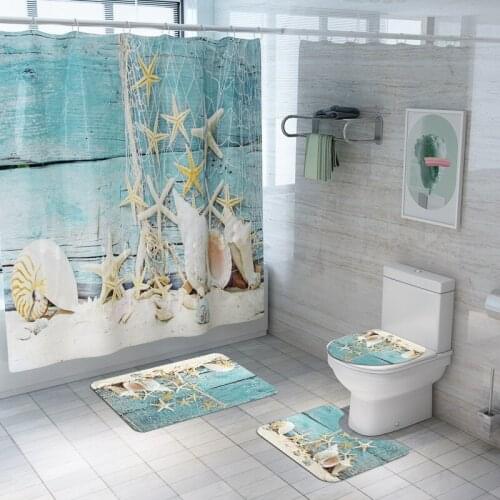Printed Shower Curtain With Microfiber Bathroom Mat Non-slip Bathroom Carpet Absorbent Toilet Seat Cushion Foot Rug Set