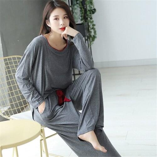 Pajamas female Korean loose trousers long sleeve modal suit spring and autumn soft stretch home service gray Nightwear пижама