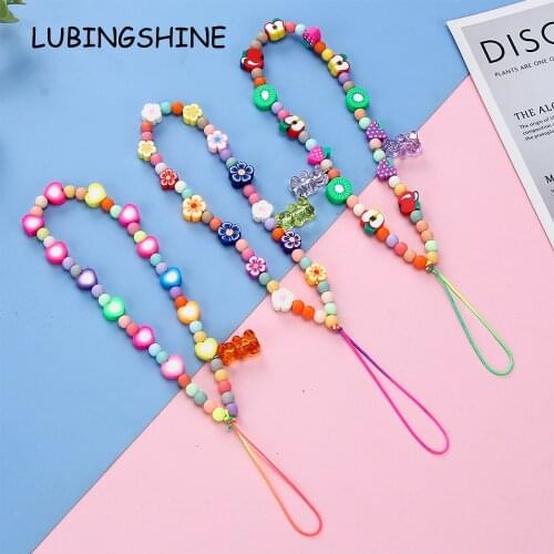Mobile Phone Strap Lanyard Color Fruit Flower Bear Acrylic Soft Pottery Rope for Women Cell Phone Case Hanging Cord Beads Chain