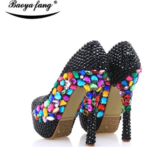 Luxury Black small crystal Wedding shoes 2017 New women shoes party shoes Bridal platform shoes big Multicolor women high heels