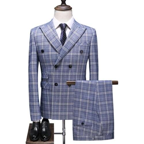 Luxury grid 3 piece suits men Double Breasted Plaid printed wedding suits male slim fit business mens blazer plus size S-5XL