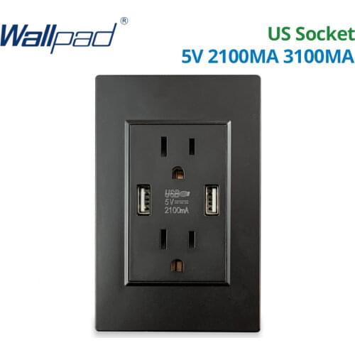 US Socket With 2 Usb Socket Port Charger 5V 2100mA Black Wallpad Luxury Wall Double USB Electric Power Outlet PC Panel