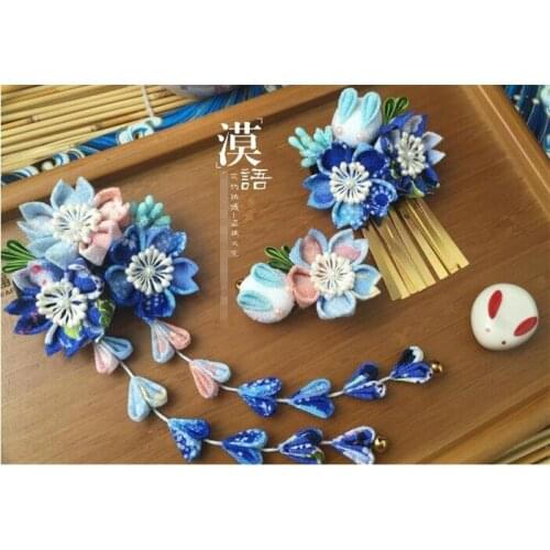 Hand made hairpin cotton cloth hair clip barrettes Japanese kimono anime cosplay accessories sakura bunny blue A