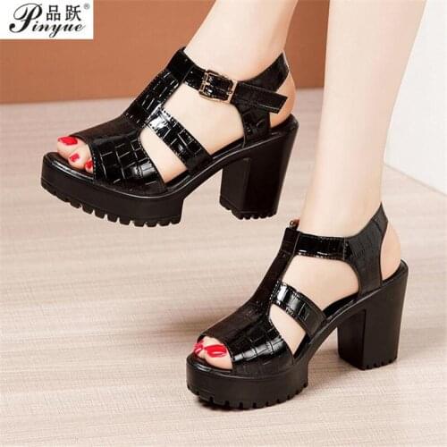 New fashion Sandals Patent Leather Summer Buckle Elegant High Heels Sandals Women Thick Sole Size 32-43