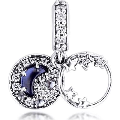 CKK Silver 925 Jewelry Blue Night Sky Crescent Moon & Stars Dangle Charm Fits Original Bracelets Sterling Silver Beads