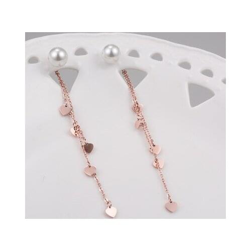 Rose gold color tassel drop earrings aretes, stainless steel love heart statement earrings for women imitation pearl jewelry