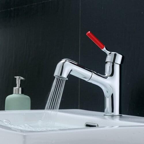 Chaowalmai Bathroom Kitchen Basin Faucet Single Handle Pull Out Spray Sink Tap Hot And Cold Water Crane Deck Mount Faucets