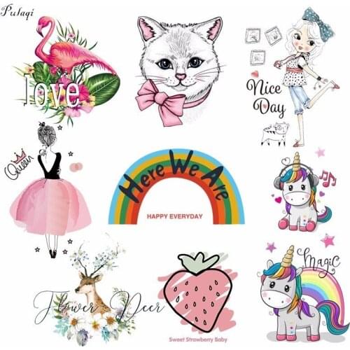 Pulaqi Iron On Transfers Cute Cat Rainbow Unicorn Patches Anime Flamingo Heat Thermal Transfer For Woman Kid Clothes DIY Decor F