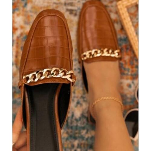 Luxury New Metal Chain Pointed Toe Flat Office Shoes Banquet Fashion Slippers WOMEN Crocodile Grain Leather Mule Sandals