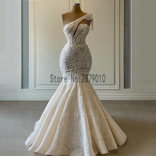 One Shoulder Champagne Mermid Evening Dresses Pearls Beading Lace Evening Gowns Longue Robes De Soiree Formal Dress