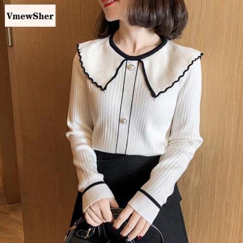 VmewSher New Autumn Women Sweater Ruffles Peter Pan Collar Knitted Top Spring 2020 Basic Casual Preppy Style Soft Pullover Chic