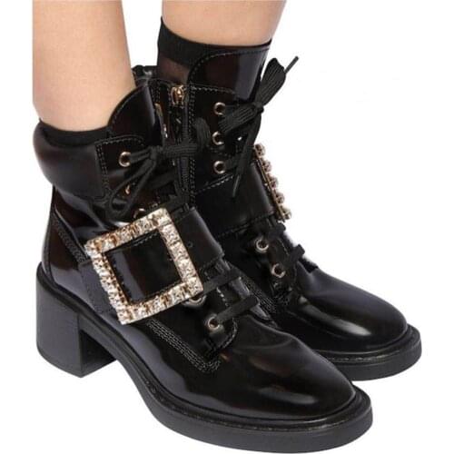 OLOMLB Womens Round Toe Rhinestones Crystal Buckle Ankle Boots Block Chunky Heel Shoes Lace Up Retro Punk Motorcycle Luxury