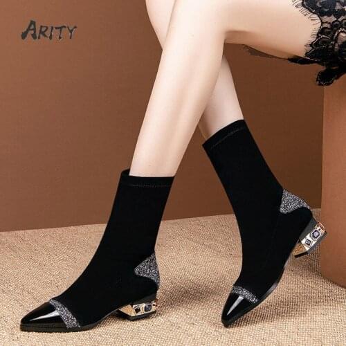 Women Elastic Mid-tube Boots Socks Boot Waterproof Pointed Toe Short Boots Chunky Heel Rhinestone Crystal Low-heels Boots