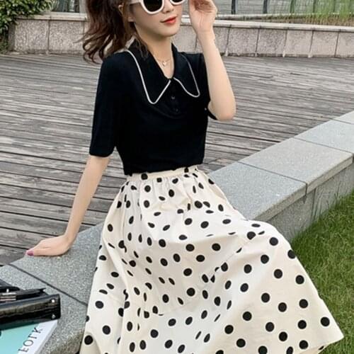 Women 2021 Summer Fashion Retro Two-piece Suits Female Knitted T-shirt Ladies Loose Polka Dot Chiffon A-line Skirts Sets M73