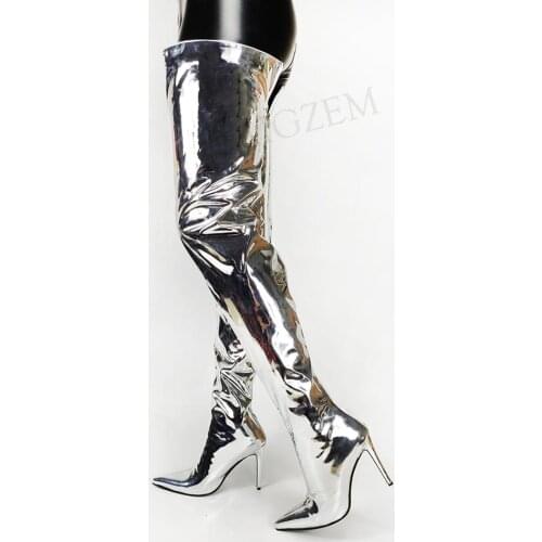 LAIGZEM Women Thigh High Boots Mirror Shiny Back Zip Stiletto High Heels Boots Shoes Woman Botines Botas Large Size 39 42 45 47