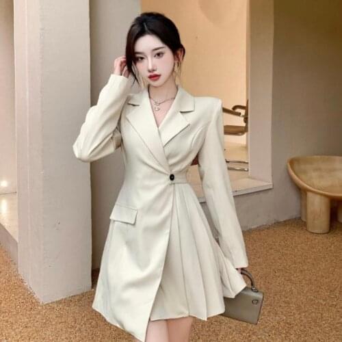 2021 New Arrival Autumn Fashion Women Suit Skirt Clothes Long Sleeve French Style Pleated Medium Long Black Blazers