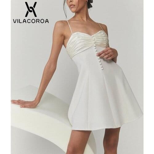 Elegant Draped Stitching Buttons Women Dress Vintage Tube Top Spaghetti A-Line Party Mini Dresses White Sling Prom Dress Female