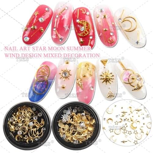 1bottle/lot Mix Gold Copper Nail Rivet shell pineapple Star Moon Design Punk Nail Jewlery 3D Nail Art Decoration For Manicure