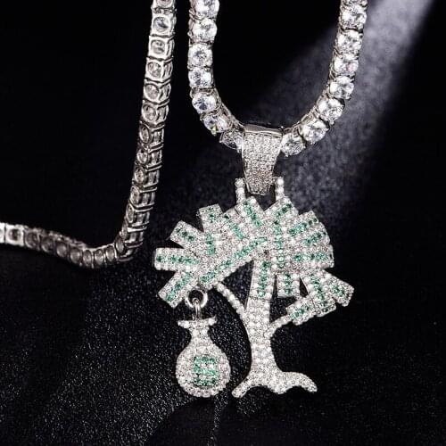 US Dollar Money Tree Pendant Necklace & Pendant AAA+ Bling CZ Stone Hip Hop Gold Silver Color Charm Chains Jewelry Gifts