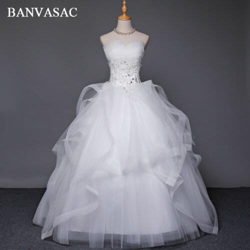 BANVASAC 2017 New Crystals Strapless Wedding Dresses Elegant Sleeveless Sequined Lace Embroidery Satin Bridal Ball Gowns