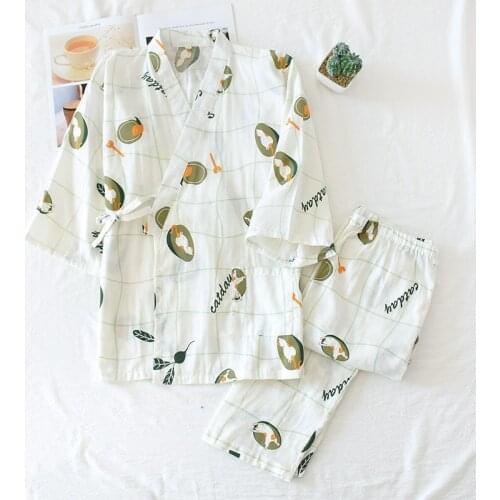 Kimono Cotton Double-Layer Gauze Pajamas V-Neck Maternity Set Clothes Cartoon Pyjamas Women Two Piece Pijama Mujer Sleepwear