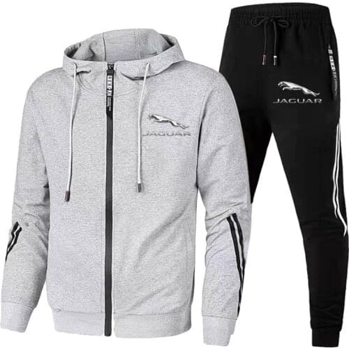 New Tracksuit Men’s Jaguar Car Logo Print 2 Piece Sets Sportswear Zipper Hooded Jacket Sweatshirt+Pants Gym Running Men Clothing