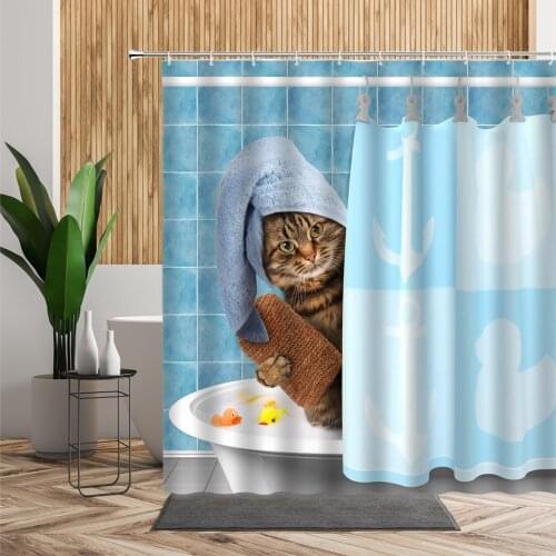 Cute Bath Cat Shower Curtains Funny Animal Kids Bathroom Decor With Hooks Creative Pet Bathtub Hanging Curtain Waterproof Fabric