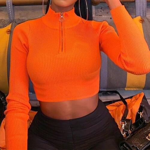 Fashion Long Sleeve Zipper Sexy Crop Sweatshirt Autumn Winter Women Neon Bodycon Pullovers Streetwear Club Party Outfit