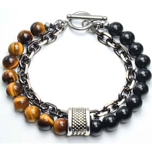 New 2021 Black White Stone Mens Bracelets Double Chain Link Stainless Steel Beaded Bracelets Bangle Male Jewelry