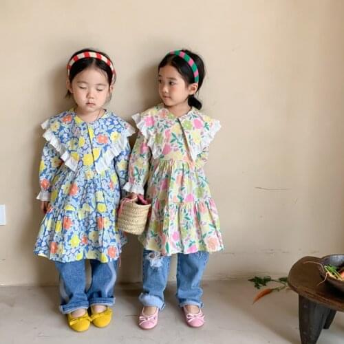 Autumn and Spring New Arrival korean style girls floral dress with big lapel lace princess dress for cute sweet baby girls