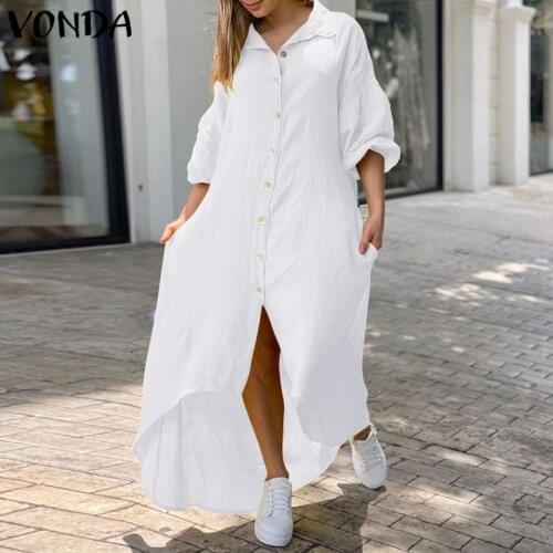 Asymmetric Hem Shirt Dress Casual Lapel Collar Button Up Pure Robe VONDA 2021 Ladies Loose Solid Long Sleeve Blusas Oversized