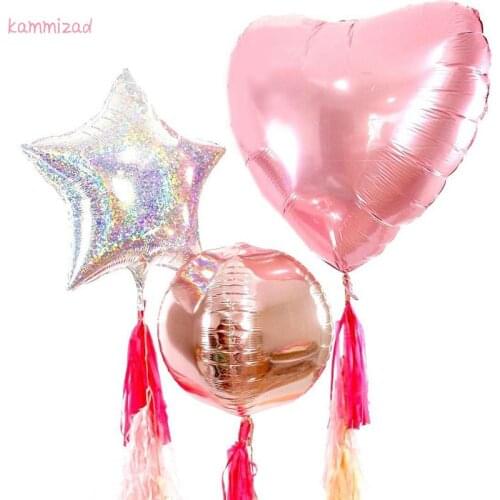 13pcs/lot 4D round rose gold foil balloons laser star big heart ballon for wedding party decoration baby girl shower tassel ball