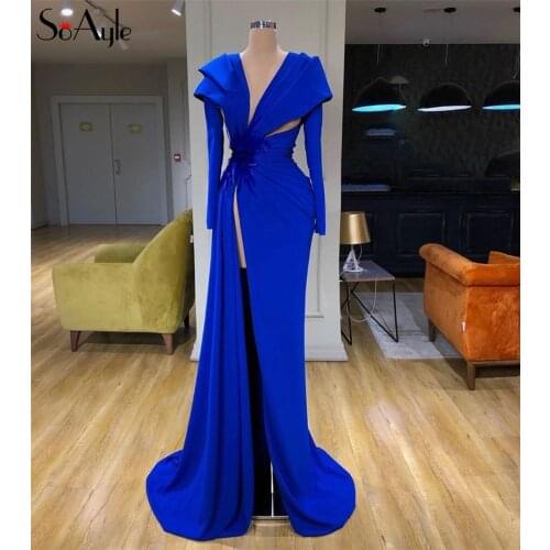 SoAyle Deep V Neckline Sexy Split Side Evening Dress Long Sleeve Feathers Mermaid Evening Dress Royal Blue Arabian Evening Dress