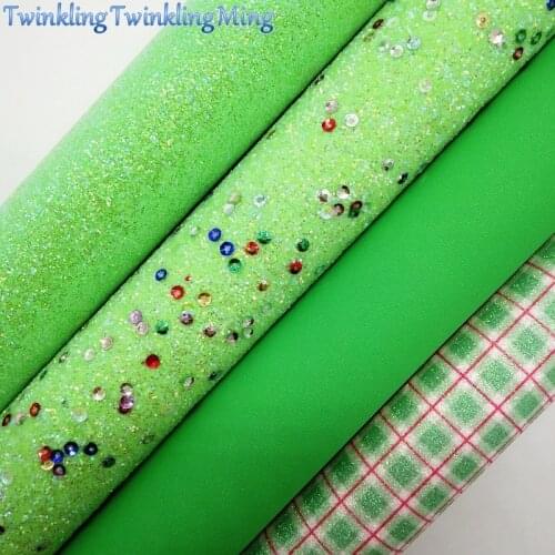 GREEN Glitter Fabric with Sequins,Plaids Printed Glitter Fabric Sheets For Bow A4 21x29CM Twinkling Ming XM963