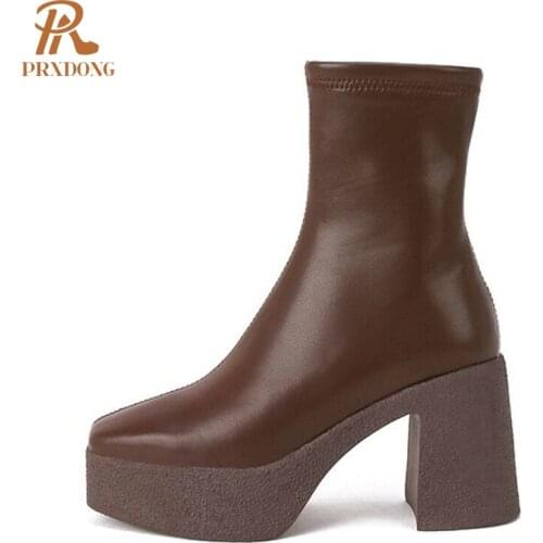 2021 Winter Ankle Boots Women Thick Platform Super High Heels Boots Warm Short Plush Square Toe Zipper Brown Shoes Female Ladies
