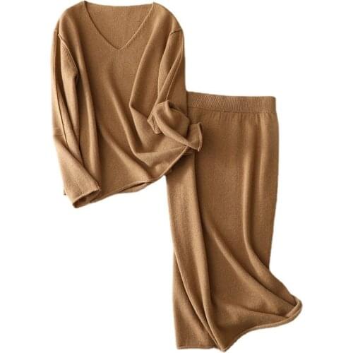 100% New Cashmere Suit Tops With Skirt For Women Autumn Winter Knitting Fashion V-neck Elegant Two-piece Pure Cashmere Dress