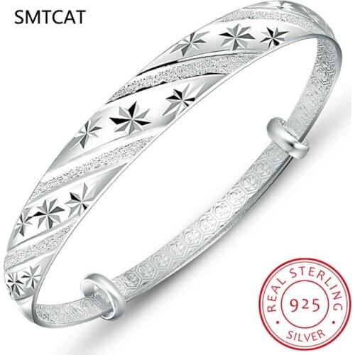 Fashion 925 Sterling Silver Woman Lucky Cuff Bracelet Meteor Shower Adjustable Charm Bangle Girls Party Jewelry Gifts