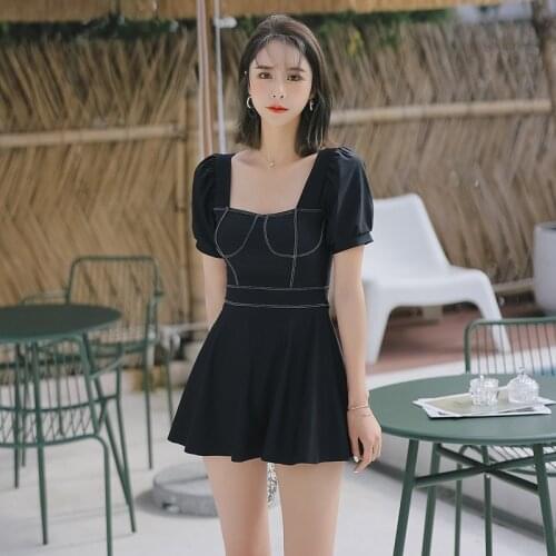 2021 New Korean Style One Piece Swimsuit Women Solid Swimwear Push Up Monokini Skirted Swim Suit Trikini Pad Bathing Swimskirt