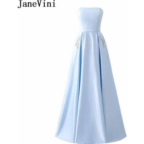 JaneVini Elegant Strapless Formal Prom Dresses With Pockets Crystal Satin A Line Long Bridesmaid Dresses Women Party Dress 2018